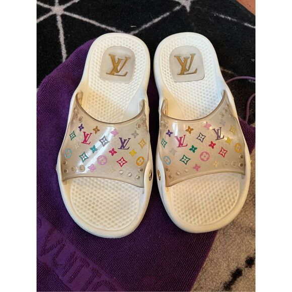 LOUIS VUITTON Vintage Lv Logo Monogram Beach Sandals multicolor Rubber slides sz - Picture 1 of 12